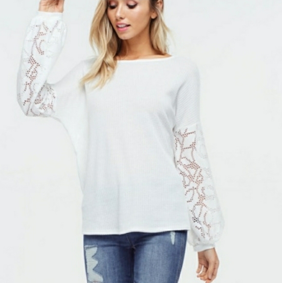 White Waffle Knit Lace Open Back Top - Picture 2 of 5